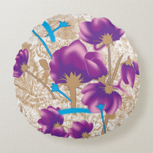 Almofada Redonda Padrão floral vibrante com púrpura e azul f