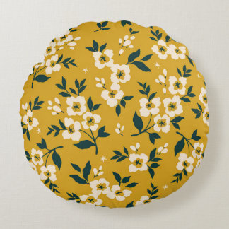 Almofada Redonda Padrão floral vítreo, pequenas flores brancas.