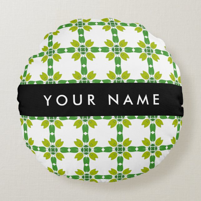 Almofada Redonda Padrão Folha, Folhas Verdes, Seu Nome (Frente)