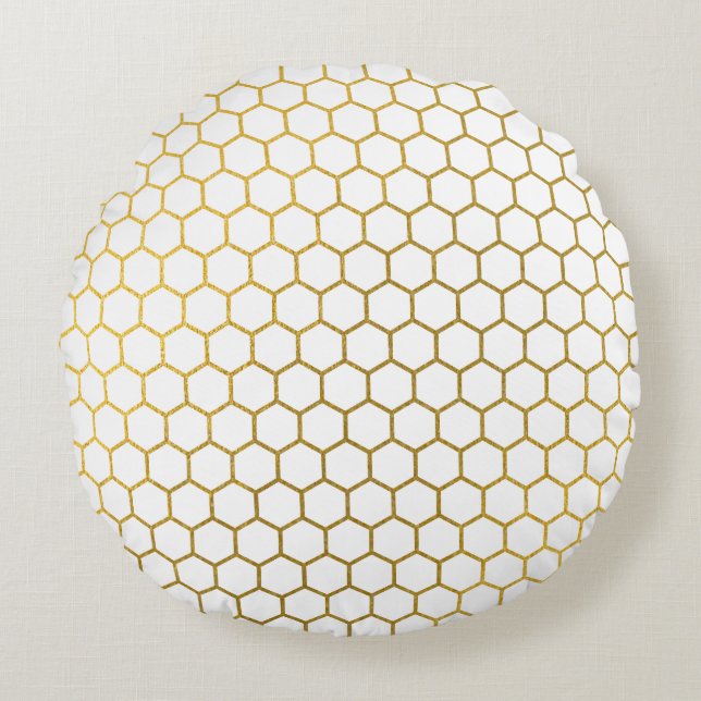 Almofada Redonda Padrão Geométrico do Hexágono Branco e Dourado (Frente)