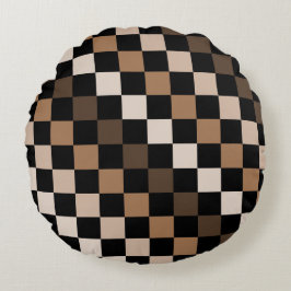 Almofada Redonda Padrão Gingham Preto-Castanho Verificado