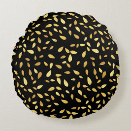 Almofada Redonda Padrão Ilustrado de Folhas Negras e Douradas Moder
