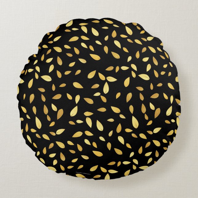Almofada Redonda Padrão Ilustrado de Folhas Negras e Douradas Moder (Frente)