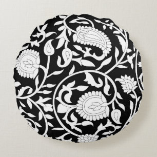 Almofada Redonda Padrão índio tradicional de paisley em preto e wh
