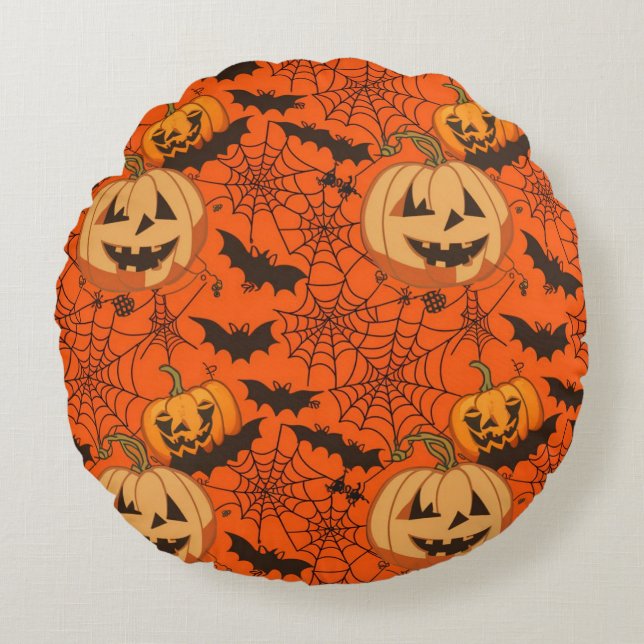 Almofada Redonda Padrão Invisível de Feliz Halloween (Frente)