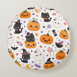 Almofada Redonda Padrão Kawaii de Halloween com Abóboras Fofas