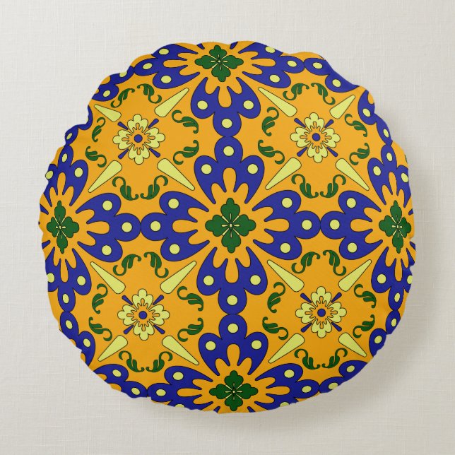 Almofada Redonda Padrão Laranja Azul E Amarelo Do Azulejo Espanhol (Frente)