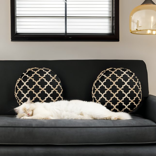 Almofada Redonda Padrão marroquino preto e Dourado (Criador carregado)