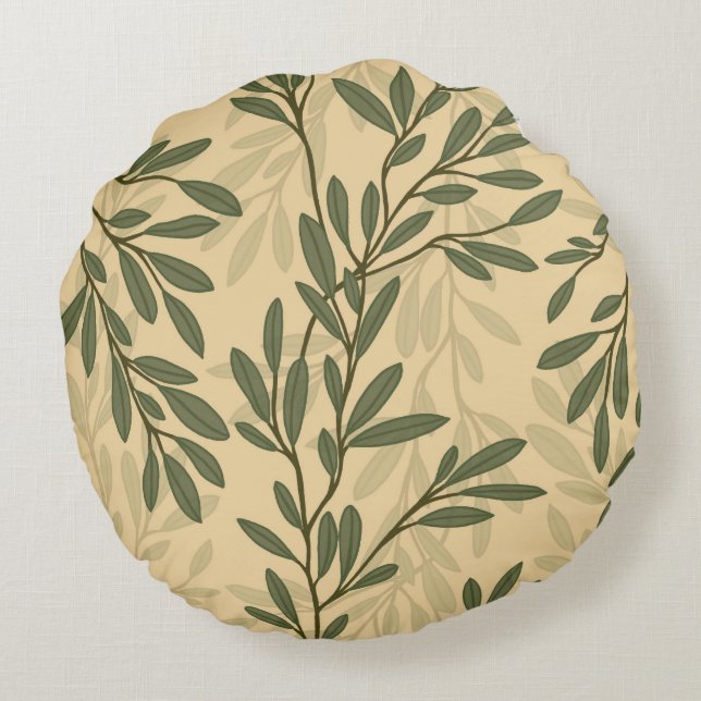 Almofada Redonda Padrão mediterrânico do ramo de oliveiras verdes (Verso)