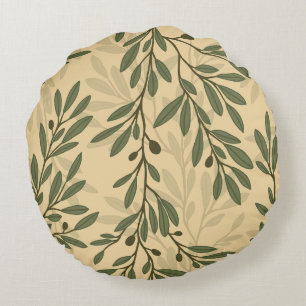 Almofada Redonda Padrão mediterrânico do ramo de oliveiras verdes