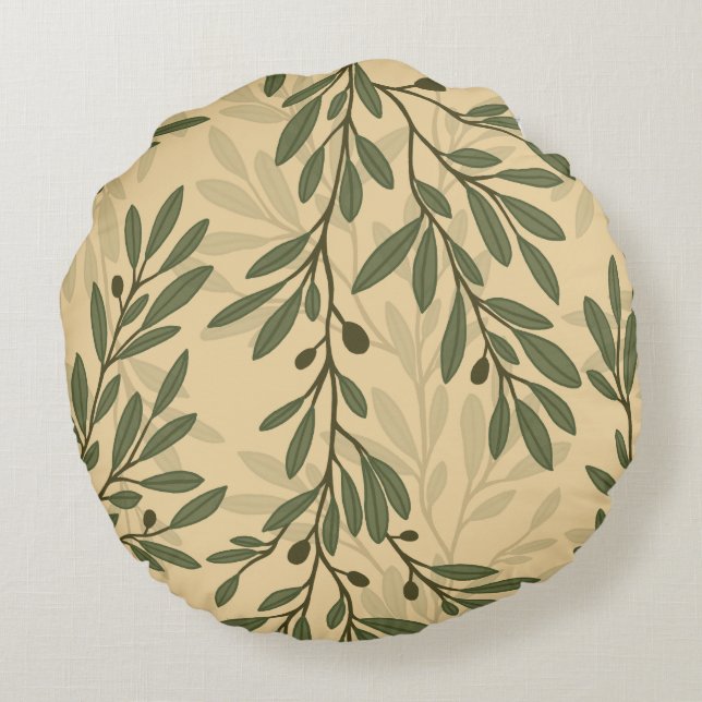 Almofada Redonda Padrão mediterrânico do ramo de oliveiras verdes (Verso)