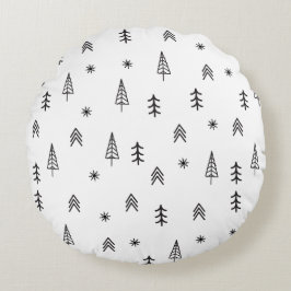 Almofada Redonda Padrão Minimalista da Floresta Negra e Branca de I