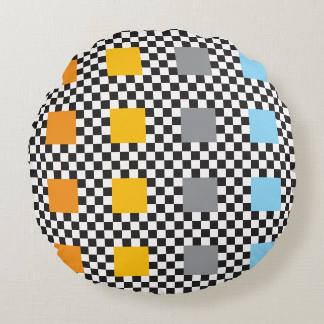 Almofada Redonda Padrão multicolorido verificado e grandes quadrado (Frente)