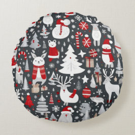 Almofada Redonda Padrão natalino papais noeis de neve cinza decadên