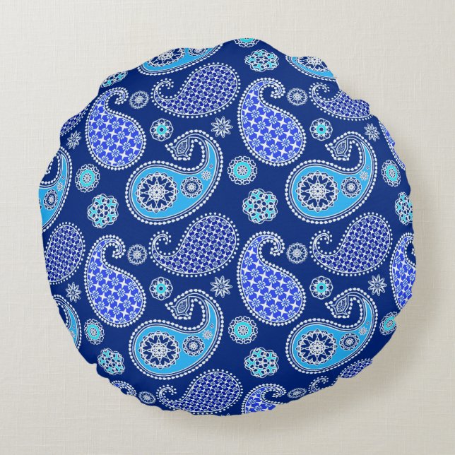 Almofada Redonda padrão Paisley, azul cobalto e branco (Verso)