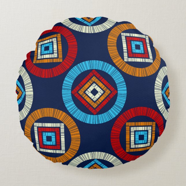 Almofada Redonda Padrão perfeito do Bolinhas. Mosaico de figos étni (Frente)