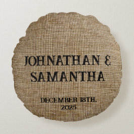Almofada Redonda Padrão personalizado de burlap natural do casament