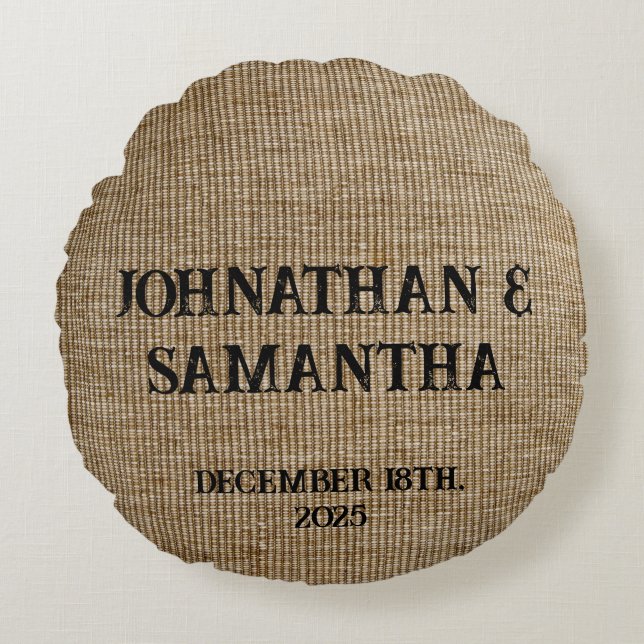 Almofada Redonda Padrão personalizado de burlap natural do casament (Frente)