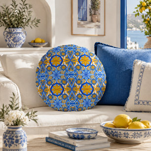 Almofada Redonda Padrão Português Azul Amarelo Mediterrâneo