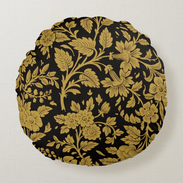Almofada Redonda Padrão Preto de Lacagem Indiana Floral em Ouro Ant (Frente)