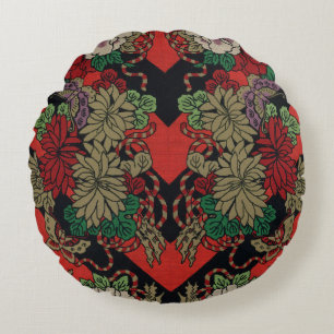 Almofada Redonda Padrão Preto Vermelho Peônia Floral Japonês Vintag