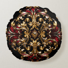 Almofada Redonda Padrão Regal Noir | Trabalho de Dourado e Carmesim