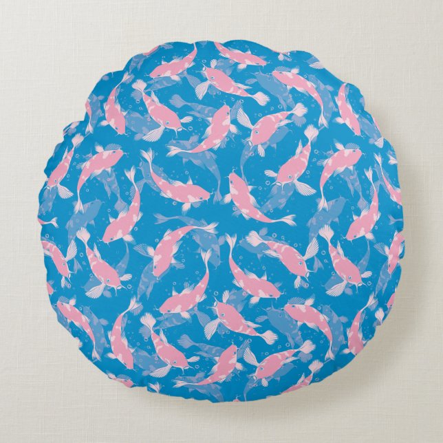 Almofada Redonda Padrão rosa e azul - Peixe Koi (Frente)