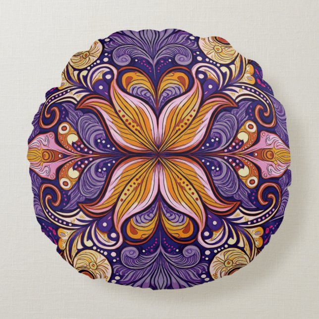 Almofada Redonda Padrão Roxo de Batik (Frente)