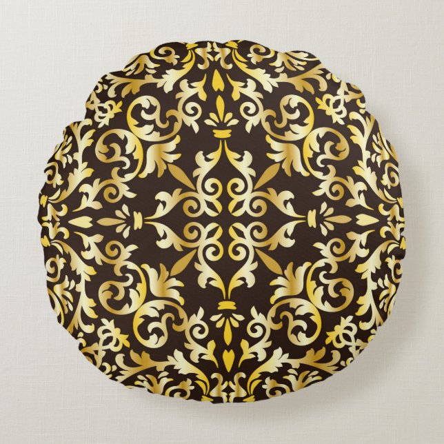 Almofada Redonda Padrão sem costura barroco ouro no fundo preto (Frente)