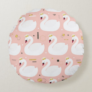 Almofada Redonda Padrão sem costura com cisnes brancas.
