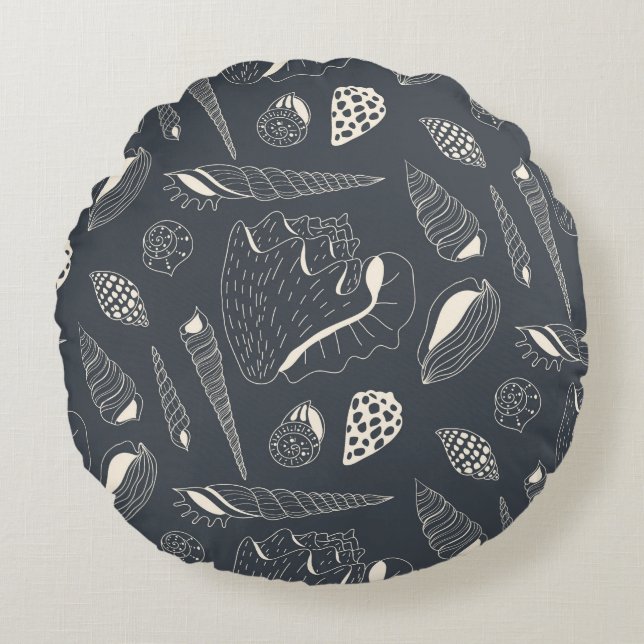 Almofada Redonda Padrão sem costura com conchas marinhas (Frente)