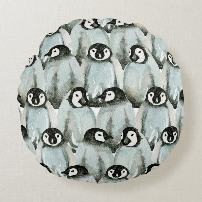 Almofada Redonda Padrão sem costura com pinguins bonitos (Frente)