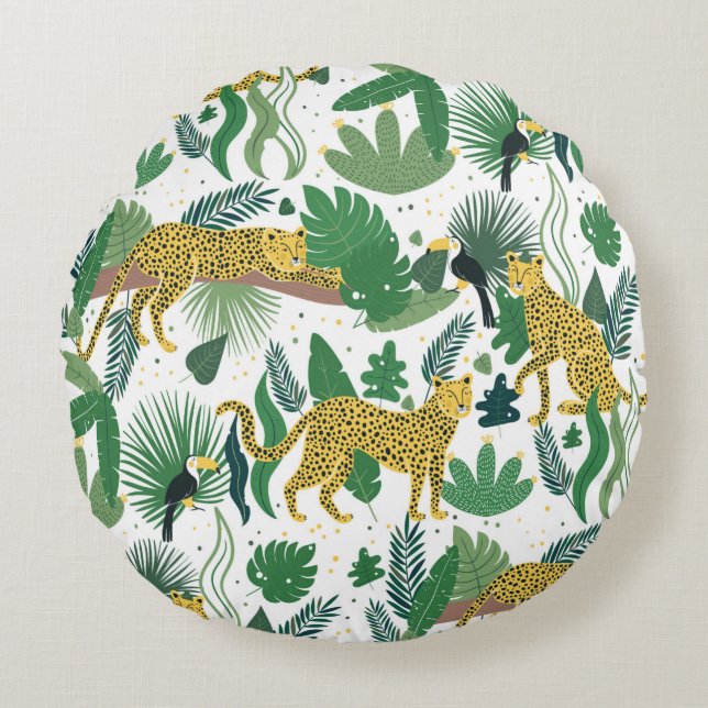 Almofada Redonda padrão sem descontinuidades de leopardos na selva. (Frente)
