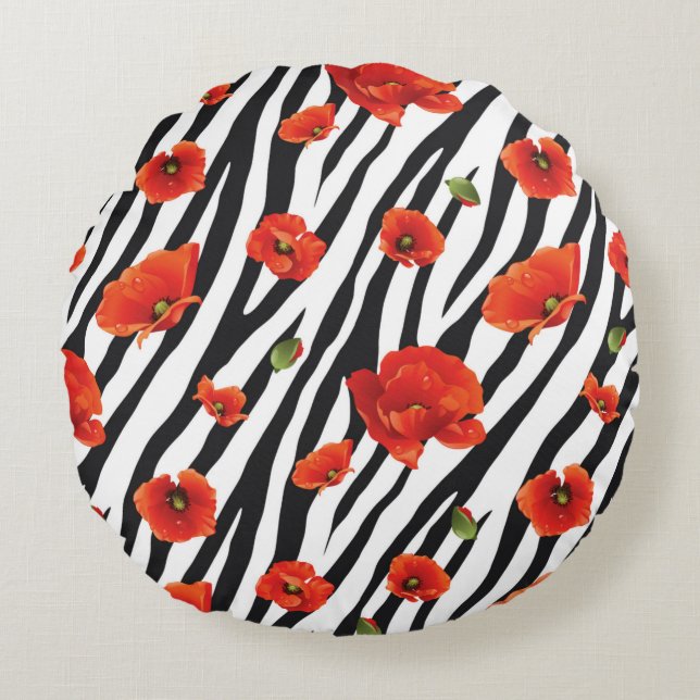 Almofada Redonda padrão sem descontinuidades de zebra de flor (Frente)