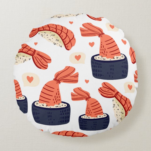 Almofada Redonda Padrão Sushi Japonês de Comida Invisível (Frente)