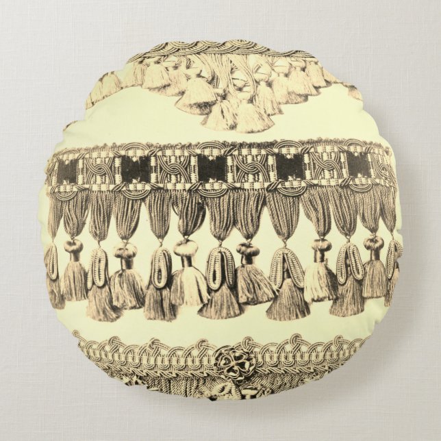 Almofada Redonda Padrão tribal antigo do aço do tassel preto (Frente)