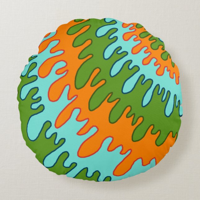 Almofada Redonda Padrão Trippy Green Orange Liquid Stripe Y2K (Frente)