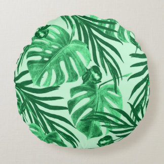 Almofada Redonda Padrão uniforme de aquarela com folhas tropicais a