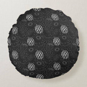Almofada Redonda Padrão uniforme em fruta preto e branco Tropical