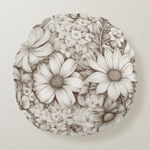 Almofada Redonda Padrão Vintage Floral Sepia (5)