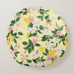 Almofada Redonda Padrão Vintage Lemon & Blossom em amarelo