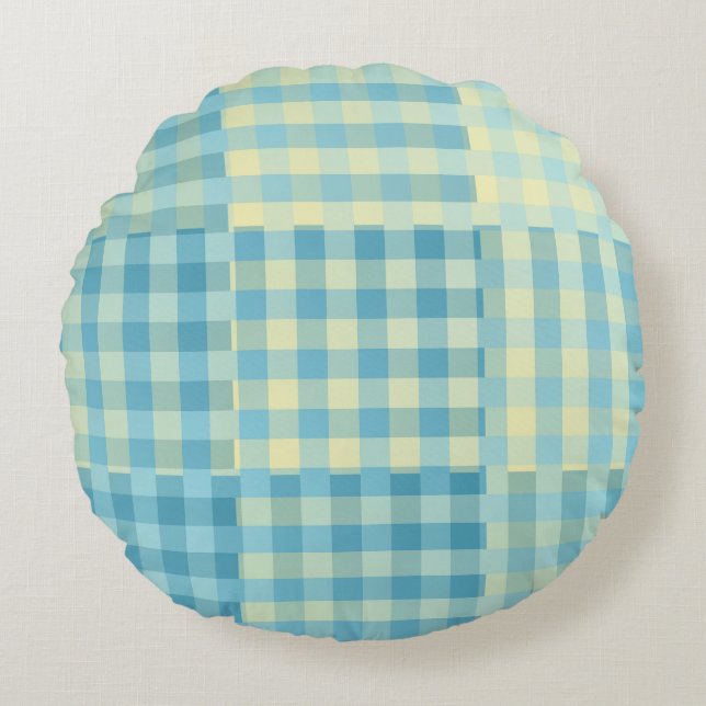 Almofada Redonda Padrão Xadrez Amarelo Azul em Patchwork (Frente)