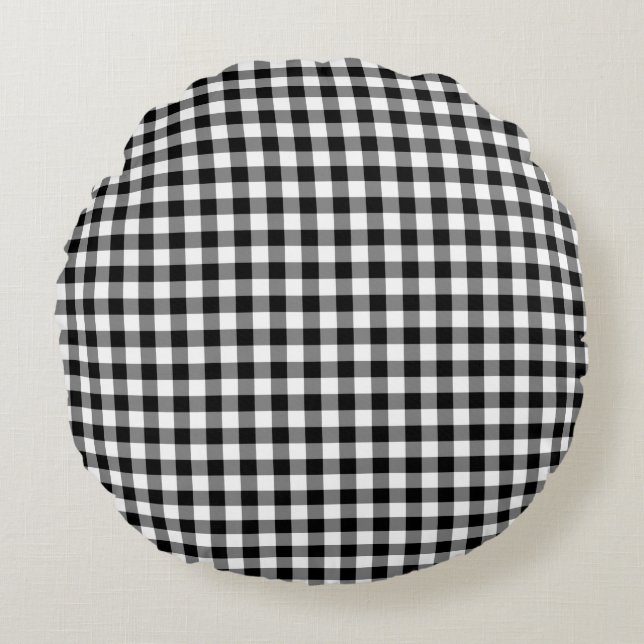 Almofada Redonda Padrão Xadrez Gingham Preto E Branco Rústico (Frente)