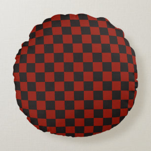 Almofada Redonda Padrão xadrez preto e vermelho profundo