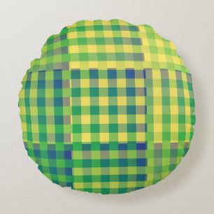 Almofada Redonda Padrão Xadrez Verde Azul Amarelo em Patchwork