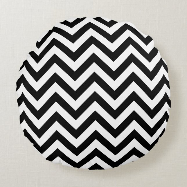 Almofada Redonda Padrão ZigZag preto-e-branco Grande Chevron (Frente)