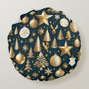 Almofada Redonda Padrões de Natal - decoração de ouro e ornamentos