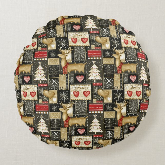 Almofada Redonda Padrões de renas de Natal bonitos (Frente)