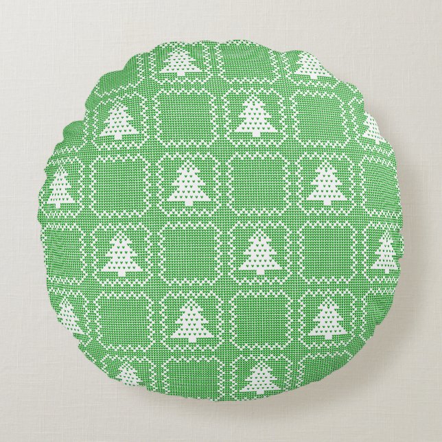 Almofada Redonda Padrões de suéter feio da árvore de Natal Cozy (Frente)