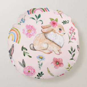 Almofada Redonda Padrões Florais De Coelhos De Páscoa Bonita